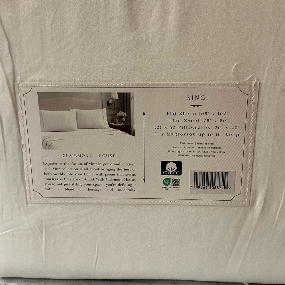 CLAIRMONT HOUSE 4Pc White King Size Cotton Sateen Finish Sheet Set-300TC - Picture 5 of 5